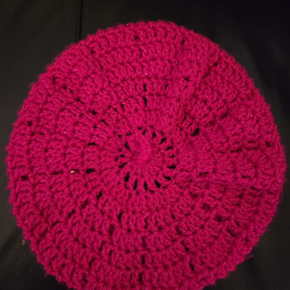 Handmade Fuchsia Crochet Beret With Sparkles Fits Larger Head